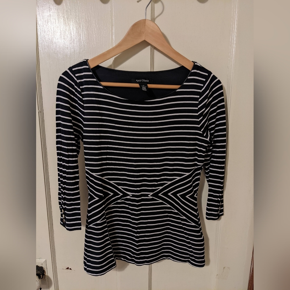 White House Black Market black & white striped fitted cotton blouse 3/4 sleeves
